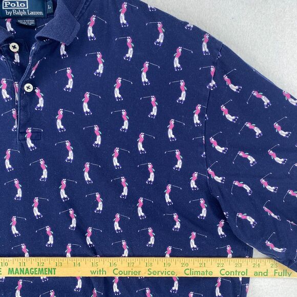 POLO RALPH LAUREN Shirt Men L Golf Polo All Over Print Golfer Cotton Jersey Blue - Picture 13 of 15